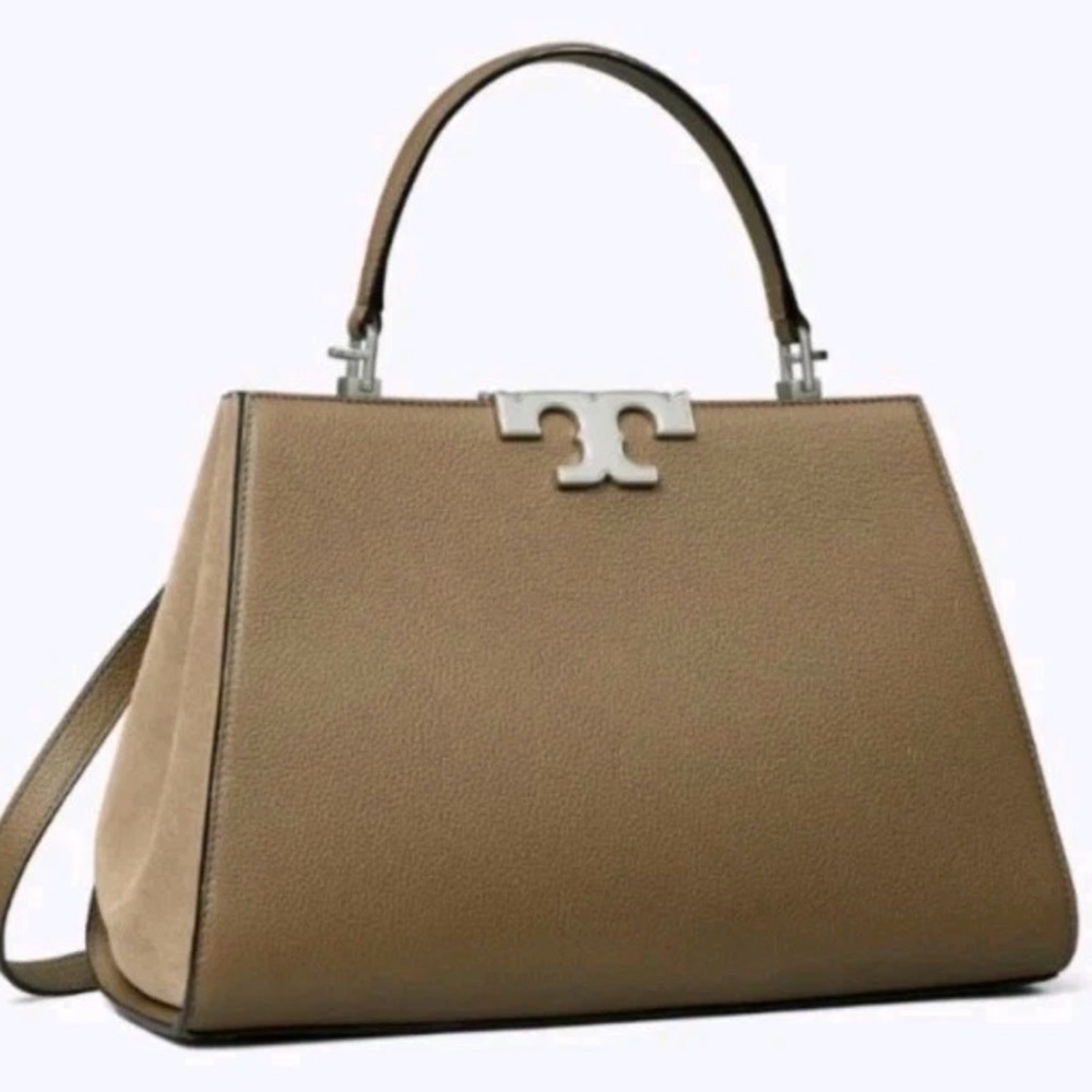 Tory Burch Eleanor Pebbled Satchel Wild Mushroom Leather Suede Bag - Picture 8 of 8